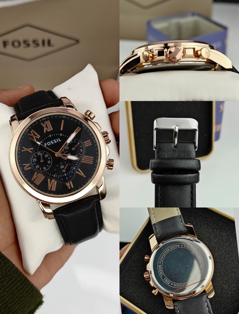 Fossil chronograph watch with a black leather strap, black dial, and rose gold case, shown in multiple views including a close-up of the dial, side profile, buckle, and back casing.