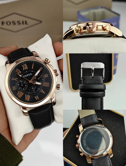 Fossil chronograph watch with a black leather strap, black dial, and rose gold case, shown in multiple views including a close-up of the dial, side profile, buckle, and back casing.