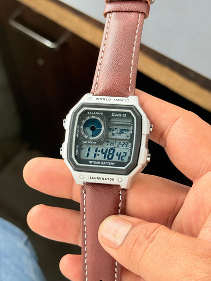 Digital Watch with Leather Strap & Silver Case | Premium Style Leather Digital Watch